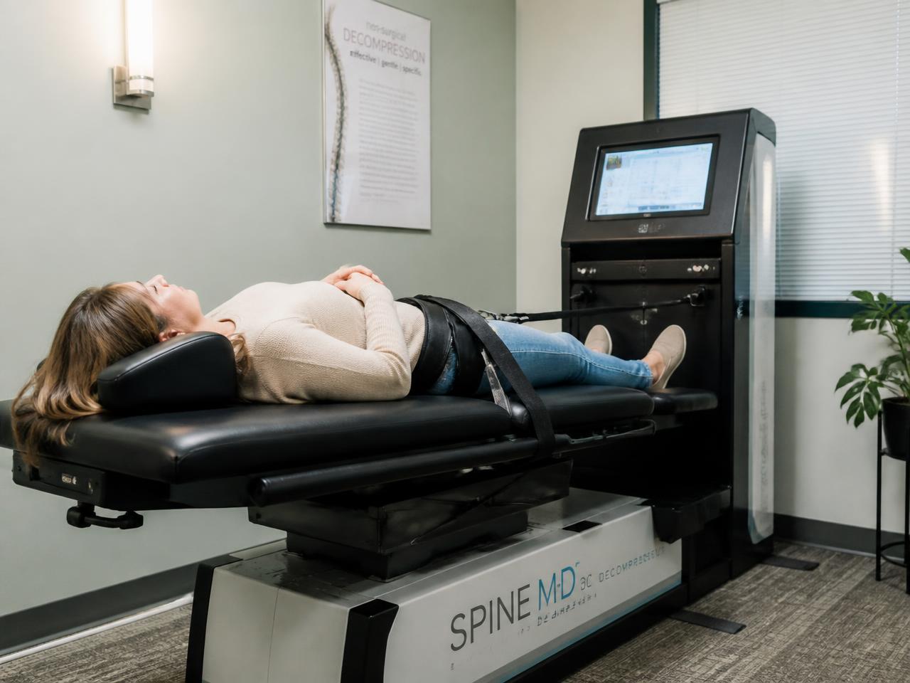 Patient receiving non-surgical spinal decompression therapy on a computerized decompression table